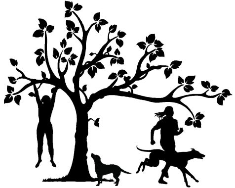 Silueta árbol mujer colgando perros corriendo